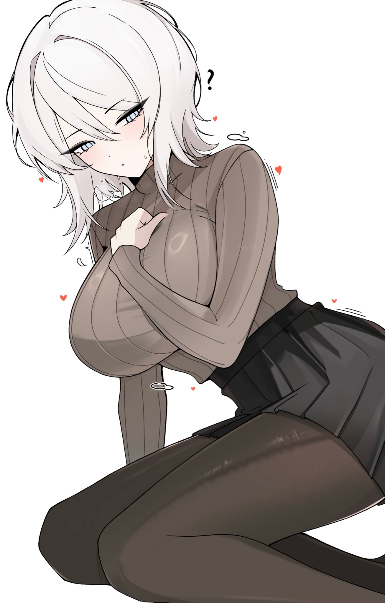m ayonessa, faust (project moon), limbus company, project moon, alt text, commentary, highres, 1girl, ?, black pantyhose, black skirt, blue eyes, breasts, brown sweater, heart, large breasts, pantyhose, short hair, simple background, skirt, solo, sweater, thighs, turtleneck, turtleneck sweater, white background, white hair