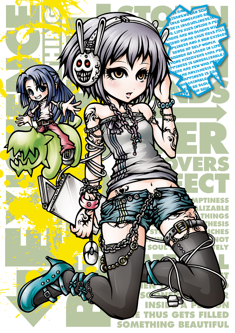 project.c.k., achakura, asakura ryoko, kimidori-san, nagato yuki, suzumiya haruhi-chan no yuuutsu, suzumiya haruhi no yuuutsu, silver hair, highres, 00s, 2girls, alternate costume, blue hair, bunny headphones, chain, computer, contemporary, headphones, high heels, jewelry, laptop, long hair, multiple girls, shoes, short hair, tattoo, thighhighs