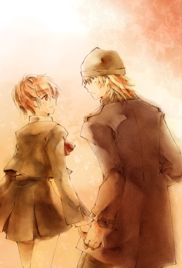 izumo (pixiv659044), kizaki rin, aragaki shinjirou, shiomi kotone, atlus, persona, persona 3, persona 3 portable, 1boy, 1girl, beanie, blush, bow, coat, couple, hat, hetero, holding hands, school uniform, short hair, skirt, smile, trench coat