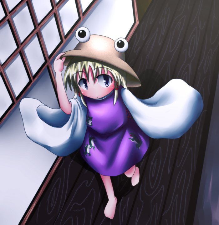 baerun, moriya suwako, touhou, 1girl, blonde hair, blue eyes, female focus, full body, hat, indoors, short hair, solo