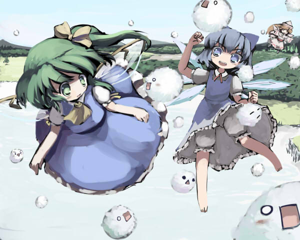 gatau, cirno, daiyousei, kedama (touhou), lily white, embodiment of scarlet devil, touhou, 3girls, :<, :o, barefoot, blonde hair, blue eyes, blue hair, bow, clothes lift, dress, dress lift, green eyes, green hair, hair bow, hat, long hair, multiple girls, necktie, smile, wings