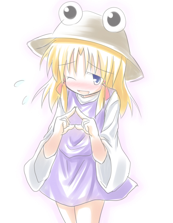 baerun, moriya suwako, touhou, 1girl, blush, female focus, gradient background, hat, one eye closed, solo, sweatdrop, white background, wink