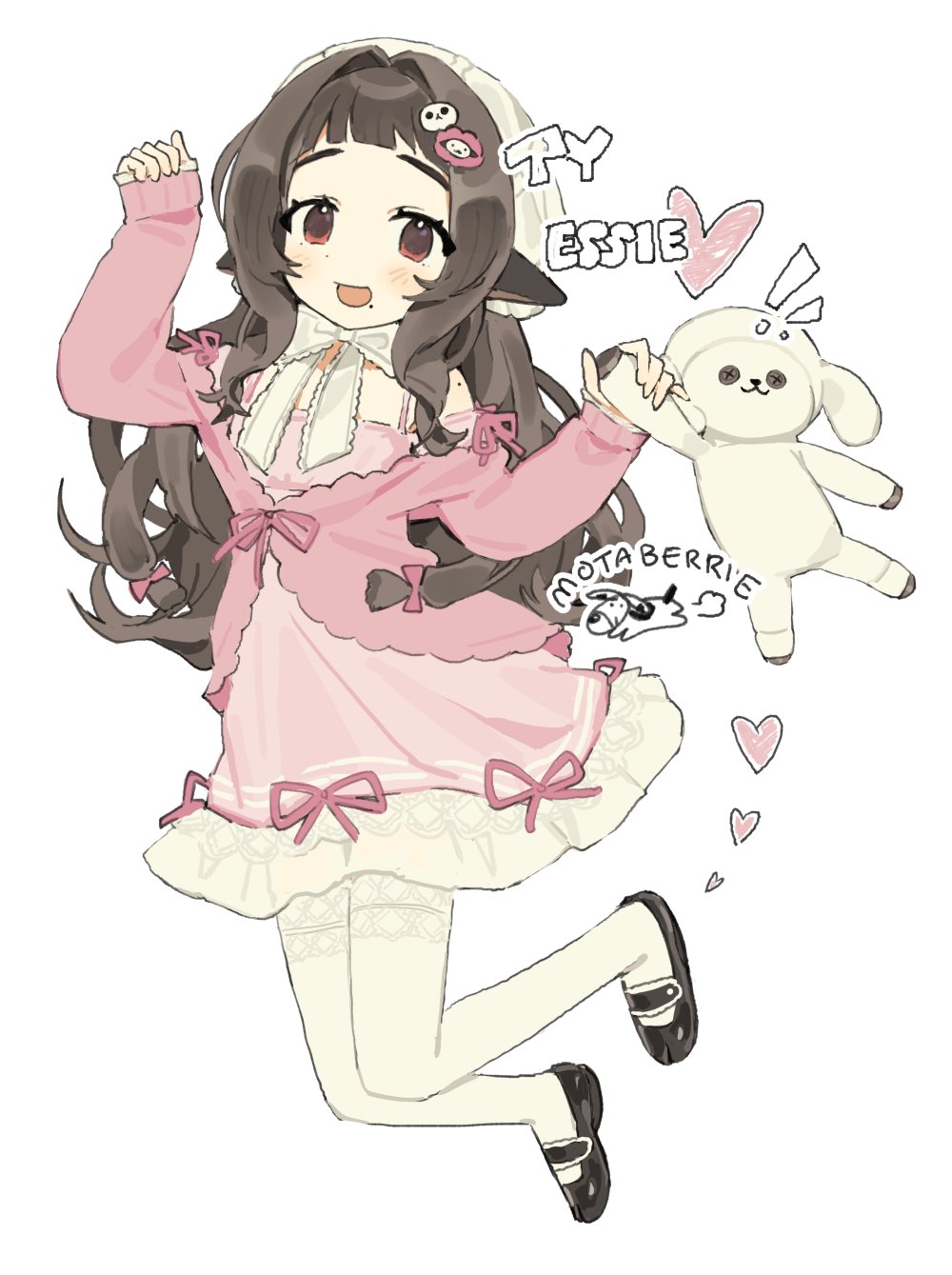 mota (motaberrie), estelle (vtuber), indie virtual youtuber, highres, !, 1girl, animal ears, bow, bowtie, brown hair, dress, hair intakes, hair ornament, heart, mole, mole under mouth, pantyhose, pink dress, pink ribbon, ribbon, sheep ears, sheep girl, signature, sleeves past wrists, solo, stuffed animal, stuffed toy, virtual youtuber, white bow, white bowtie, white pantyhose