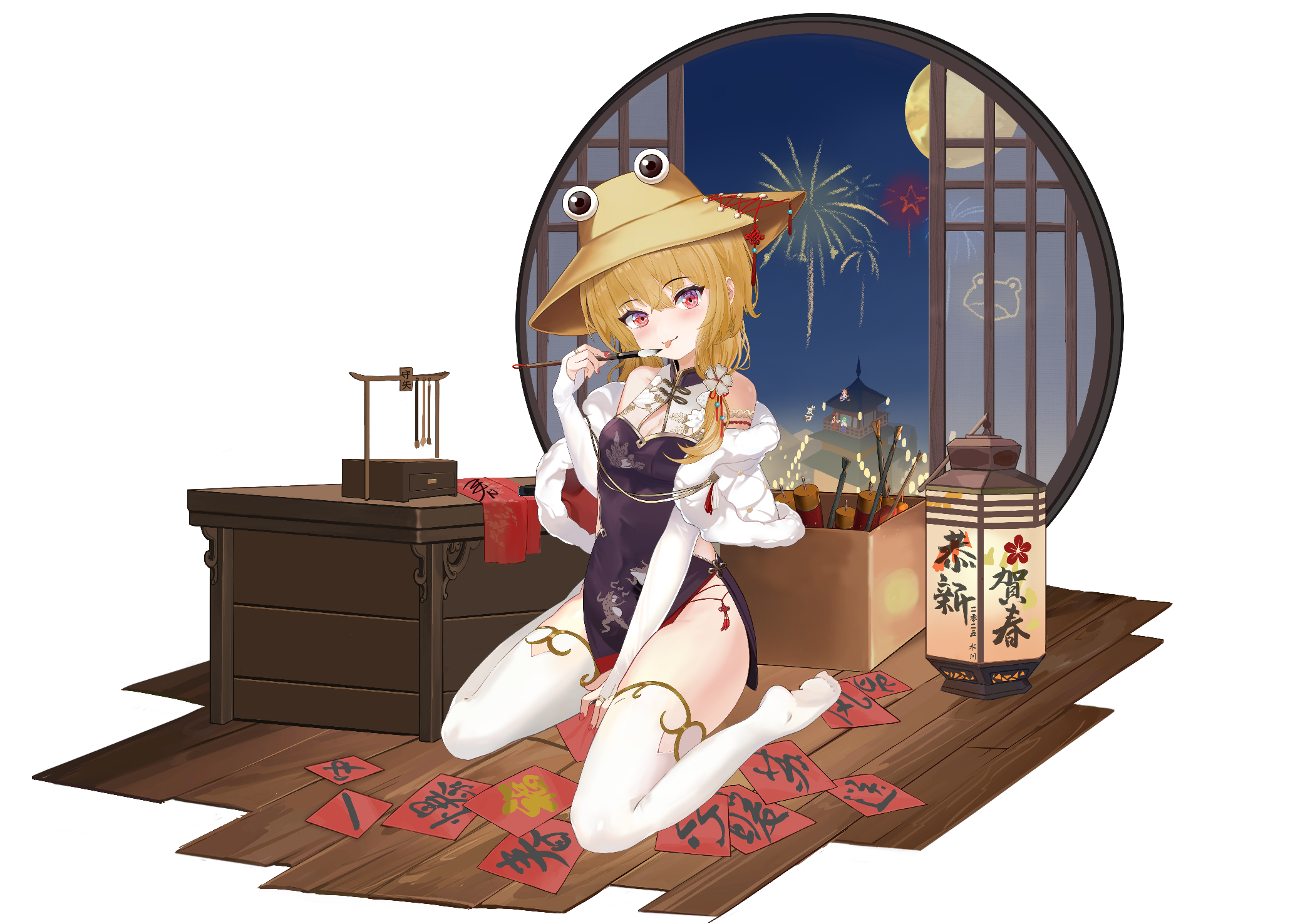 mizukawa, moriya suwako, touhou, chinese commentary, commentary request, highres, translation request, 1girl, :p, aerial fireworks, alternate costume, animal print, blonde hair, blush, breasts, bridal gauntlets, brown hat, calligraphy brush, china dress, chinese clothes, cleavage, cleavage cutout, clothing cutout, dress, fireworks, frog print, full moon, hat, holding, holding calligraphy brush, holding paintbrush, lantern, looking at viewer, moon, night, paintbrush, pelvic curtain, pink eyes, print dress, purple dress, side slit, sitting, smile, solo, tongue, tongue out, transparent background, wariza