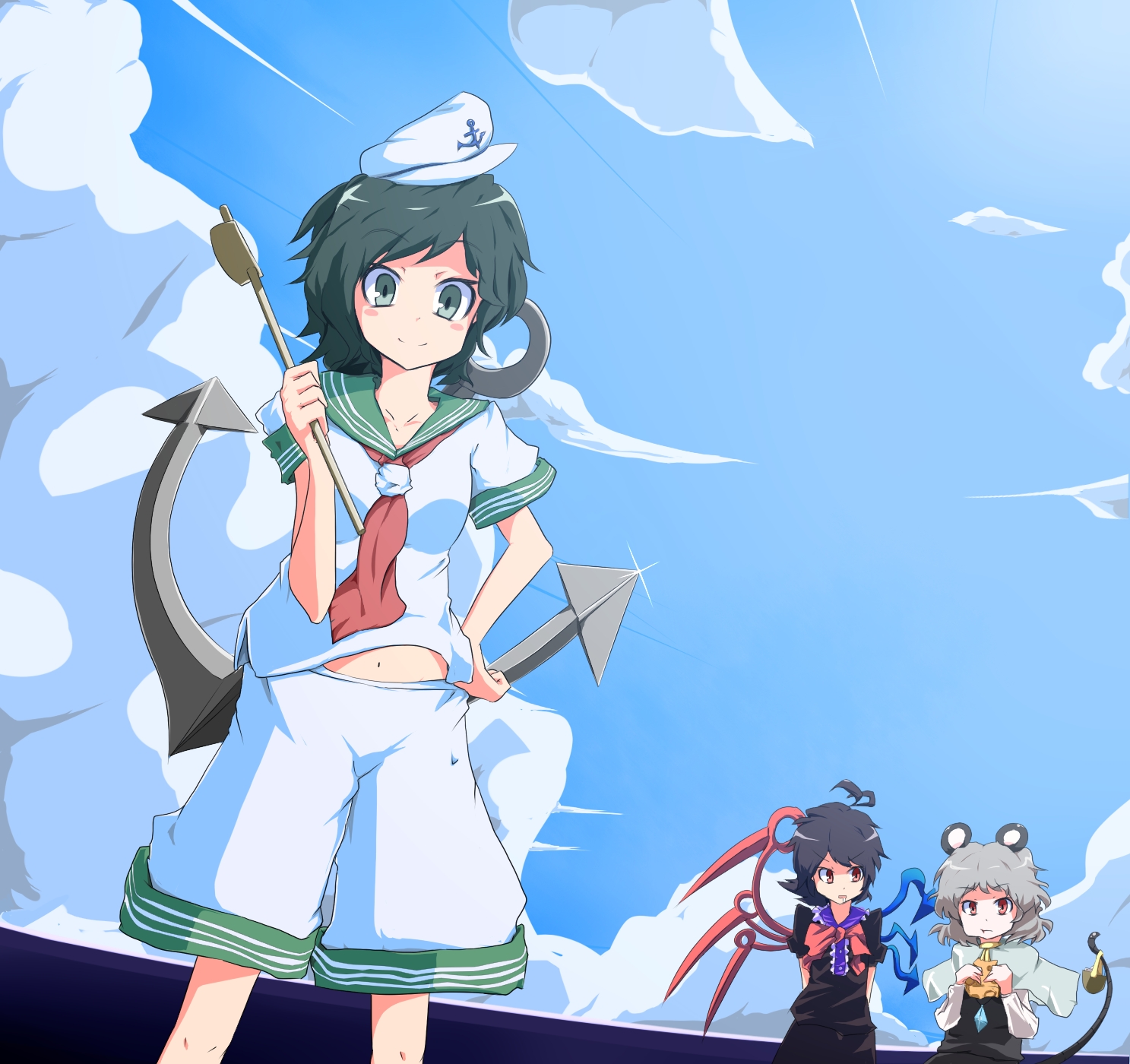 aho, houjuu nue, murasa minamitsu, nazrin, touhou, highres, 3girls, anchor, animal ears, black hair, cloud, female focus, green eyes, grey hair, hat, hishaku, ladle, mouse ears, mouse tail, multiple girls, navel, outdoors, polearm, red eyes, sailor, sailor collar, sailor hat, short hair, sky, spear, standing, tail, trident, weapon