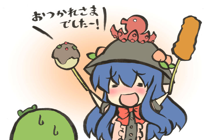 ara ta, harada (sansei rain), hinanawi tenshi, kochiya sanae, touhou, translated, 2girls, blush, female focus, food, hat, multiple girls, octopus, sweatdrop, takoyaki