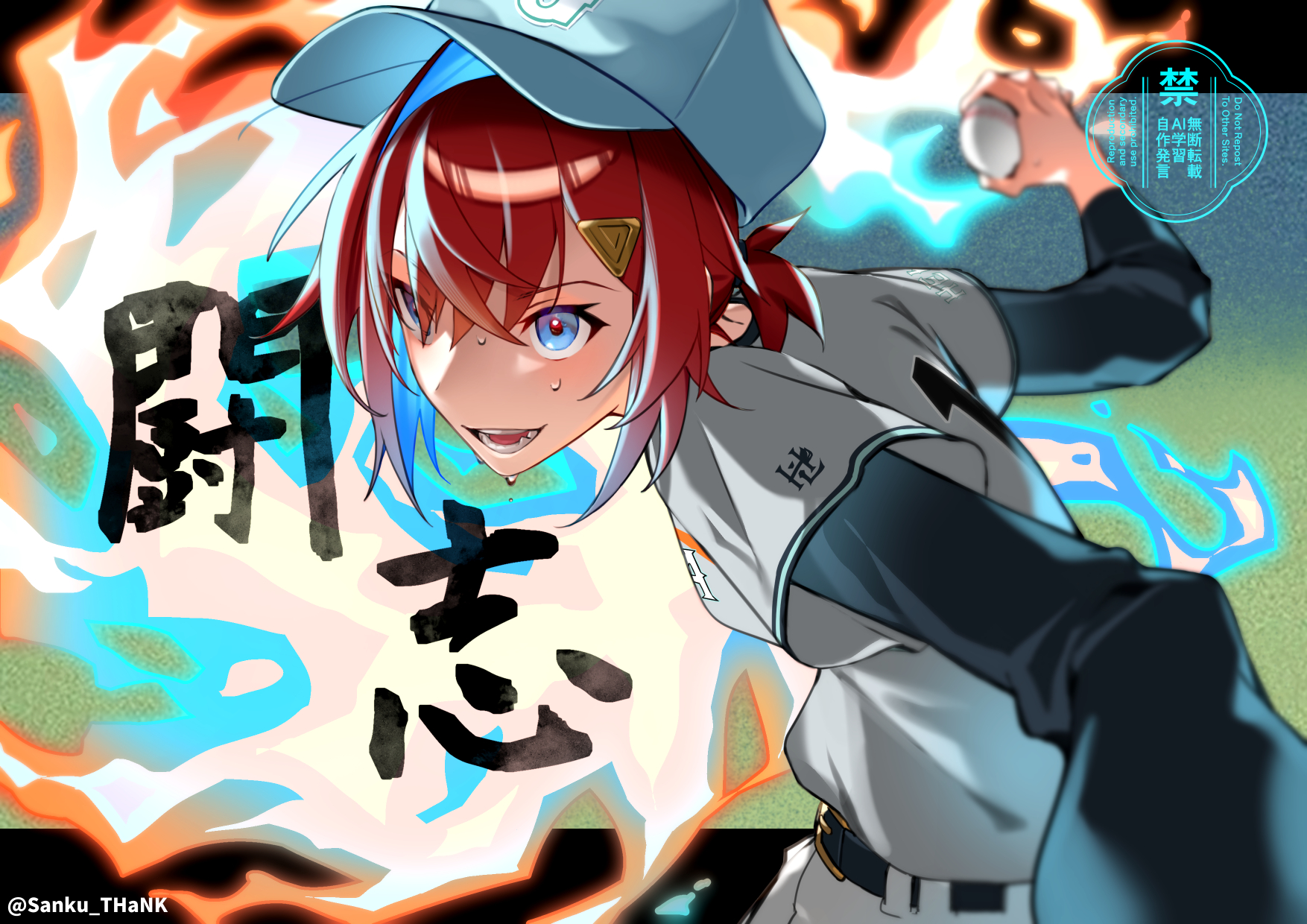 th@nk, ange katrina, nijisanji, commentary request, highres, translation request, 1girl, alternate hair color, ball, baseball (object), baseball cap, baseball jersey, baseball uniform, belt, black belt, black sleeves, blue eyes, blue fire, blue hair, blurry, colored inner hair, crossed bangs, depth of field, fire, green background, hair between eyes, hair ornament, hat, holding, holding ball, jersey, layered sleeves, letterboxed, long sleeves, looking ahead, multicolored hair, nijisanji koshien, open mouth, orange fire, outside border, pitching, ponytail, red hair, shirt, shirt tucked in, short over long sleeves, short ponytail, short sleeves, smile, solo, sportswear, sweatdrop, teeth, triangle hair ornament, twitter username, upper body, watermark, white hat, white shirt