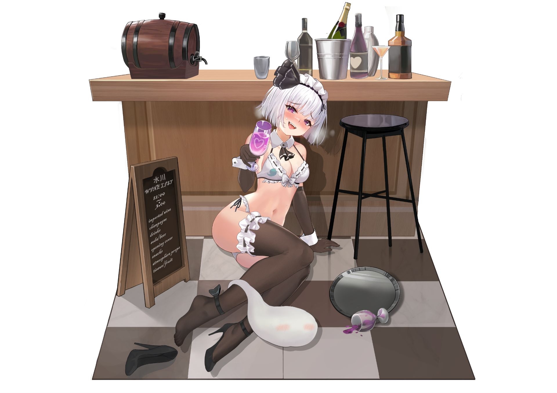 mizukawa, konpaku youmu, konpaku youmu (ghost), touhou, chinese commentary, commentary request, highres, 1girl, alcohol, alternate costume, ascot, bikini, black ascot, black shoes, blush, bottle, breasts, breath, brown gloves, brown thighhighs, cleavage, cup, detached collar, drunk, elbow gloves, frilled thigh strap, gloves, grey hair, heart, high heels, hitodama, holding, holding cup, looking at viewer, maid, maid bikini, maid headdress, midriff, navel, open mouth, pink eyes, shoes, smile, solo, spill, stool, swimsuit, thigh strap, thighhighs, tray, unconventional maid, white bikini, wine bottle, wrist cuffs
