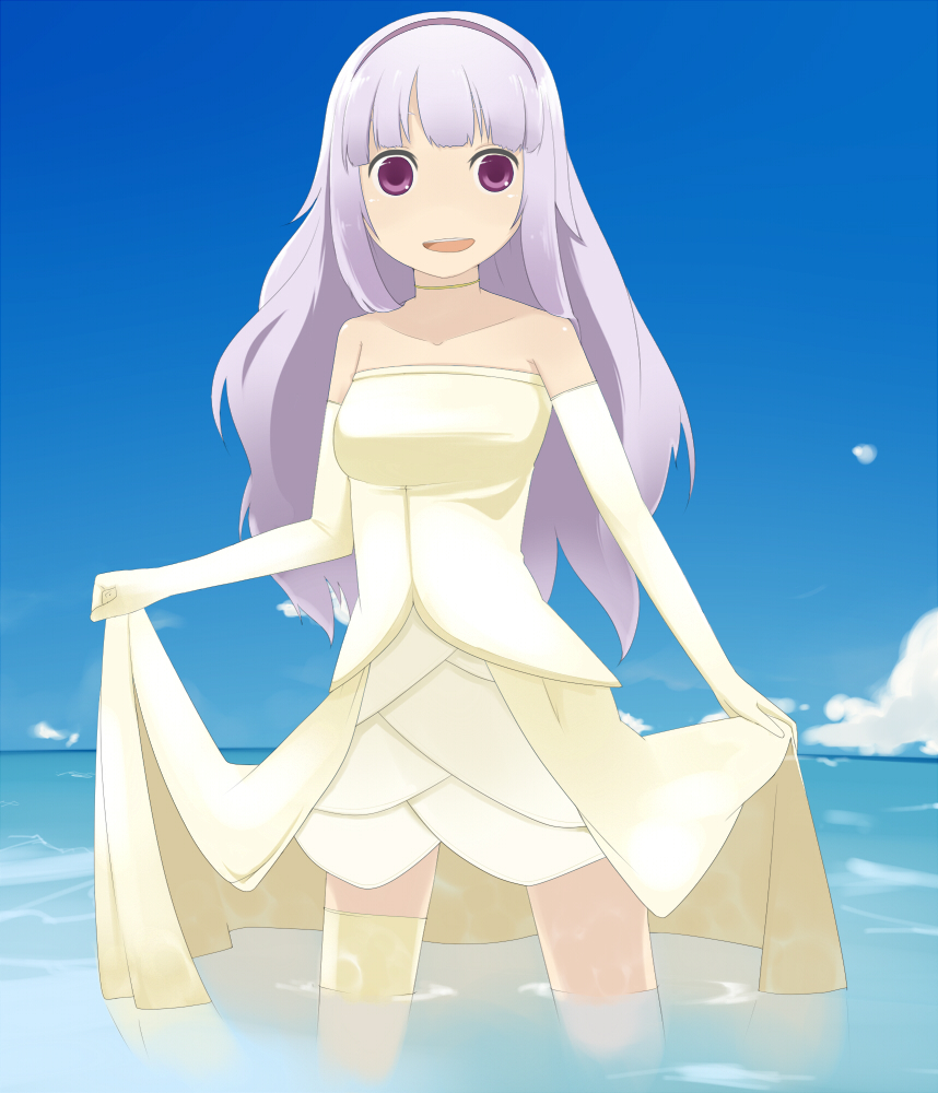 katakura supipi, shijou takane, idolmaster, idolmaster (classic), silver hair, bad id, bad pixiv id, 00s, 1girl, breasts, clothes lift, cloud, day, dress, dress lift, elbow gloves, female focus, gloves, hairband, long hair, medium breasts, purple eyes, skirt hold, sky, solo, thighhighs, wading, water