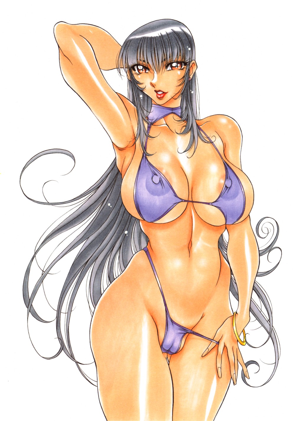 azuki kurenai, silver hair, highres, 1girl, bikini, black hair, breasts, female focus, hime cut, huge breasts, large breasts, lips, long hair, looking at viewer, smile, solo, swimsuit