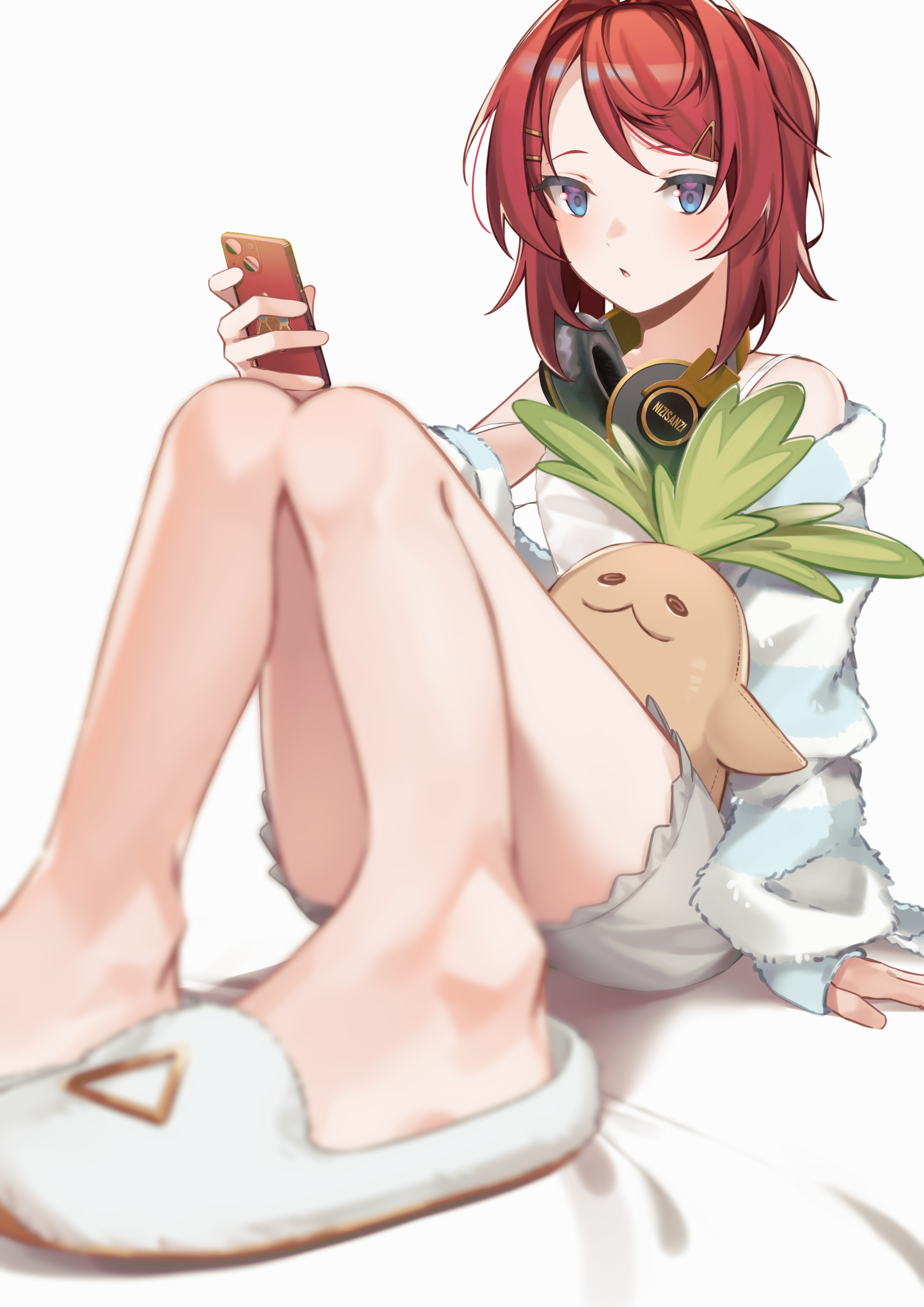 th@nk, ange katrina, ange katrina (6th costume), mandragora (ange katrina), nijisanji, absurdres, commentary request, highres, large variant set, variant set, 1girl, arm support, bare legs, bare shoulders, blue cardigan, blue eyes, blurry, camisole, cardigan, cellphone, character doll, depth of field, doll, foreshortening, full body, grey shorts, hair ornament, hairclip, hairpin, hand up, headphones, headphones around neck, holding, holding phone, knees up, looking at viewer, medium hair, multicolored eyes, multiple hairpins, off shoulder, open cardigan, open clothes, parted lips, phone, purple eyes, red hair, shorts, simple background, sitting, sleepwear, sleeves past wrists, slippers, smartphone, solo, strap slip, striped cardigan, stuffed toy, two-tone eyes, virtual youtuber, white background, white camisole, white cardigan, white slippers