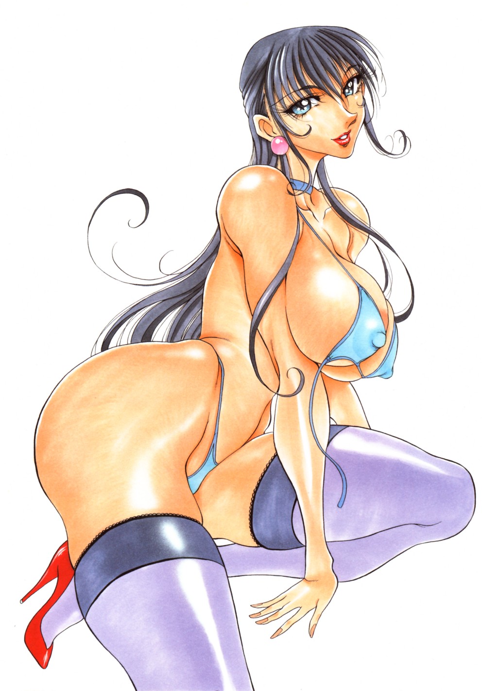 azuki kurenai, highres, bikini, black hair, breasts, breasts squeezed together, collar, covered erect nipples, high heels, huge breasts, long hair, swimsuit, thick thighs, thighhighs, thighs