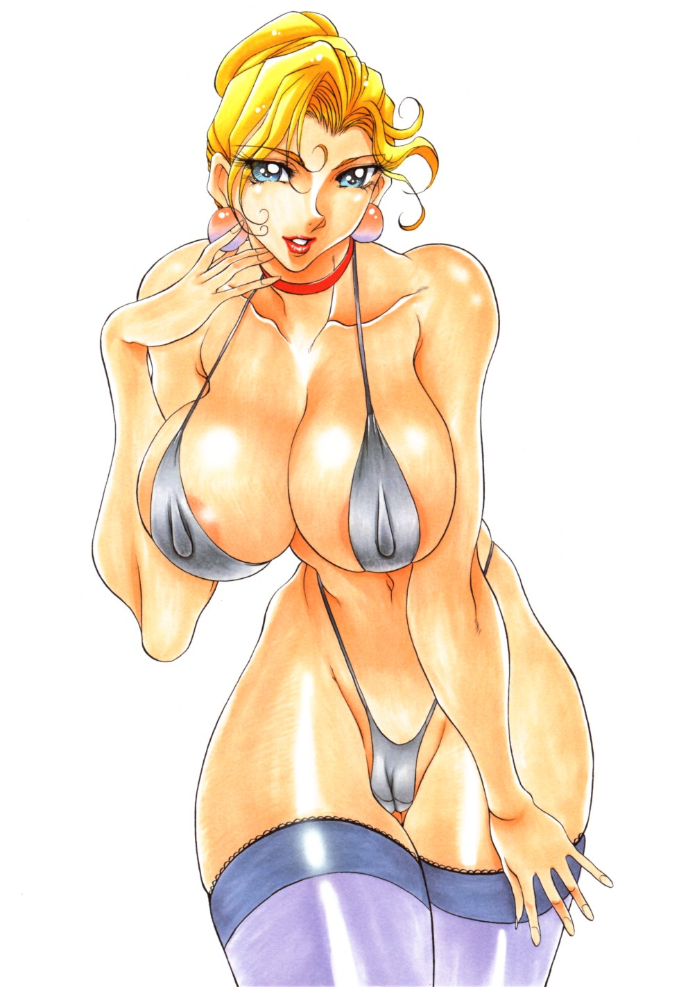 azuki kurenai, highres, 1girl, areola slip, bent over, bikini, blonde hair, blue eyes, breasts, collar, female focus, highleg, highleg bikini, huge breasts, micro bikini, short hair, solo, swimsuit, thick thighs, thighhighs, thighs