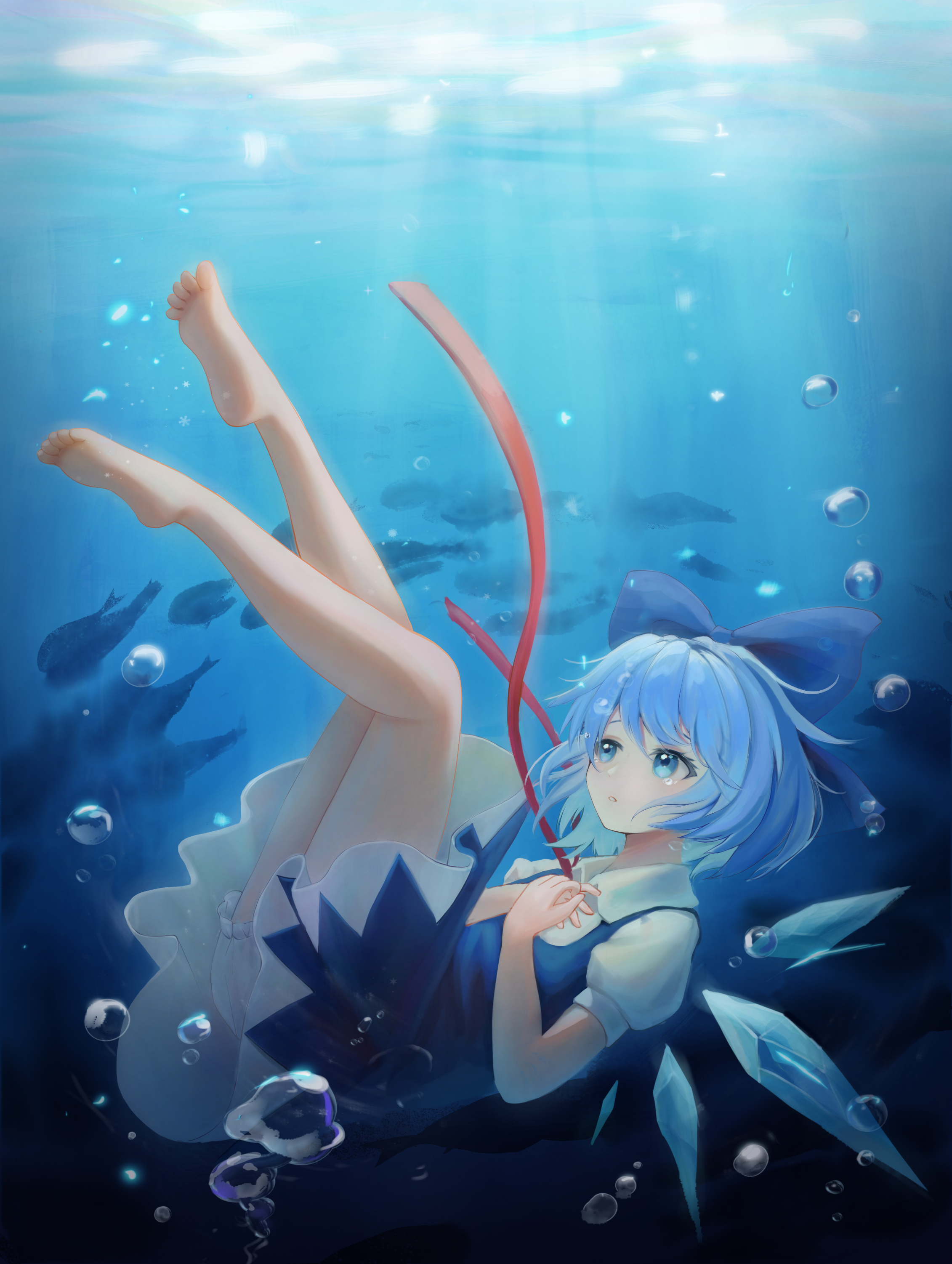 god mang, cirno, touhou, absurdres, highres, 1girl, air bubble, barefoot, blue bow, blue dress, blue eyes, blue hair, bow, bubble, detached wings, dress, feet, hair bow, ribbon, short hair, solo, submerged, underwater, wings