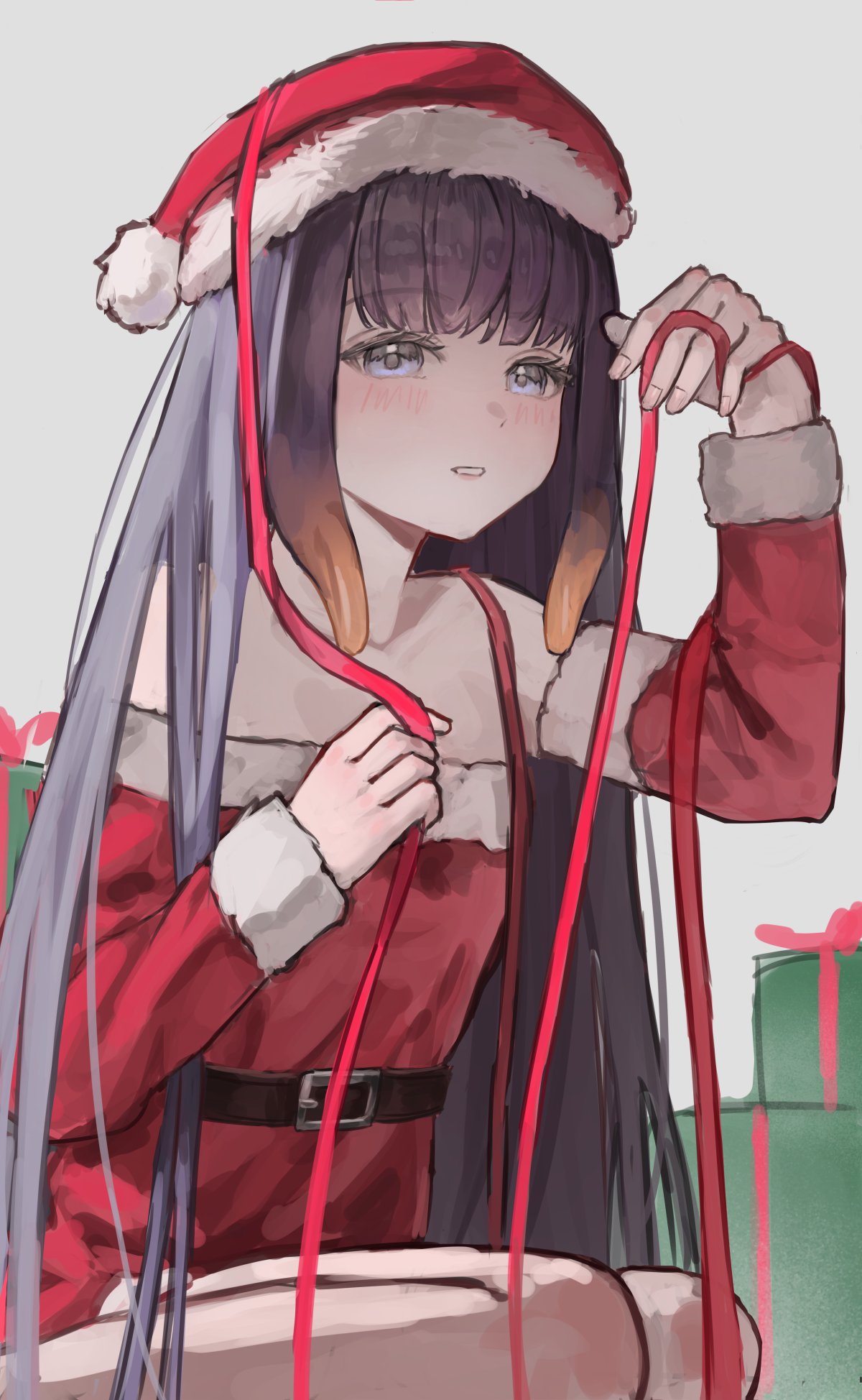 hiiasd1, ninomae ina'nis, hololive, hololive english, highres, 1girl, bare shoulders, belt, blush, breasts, detached sleeves, dress, gift, hat, long hair, purple eyes, purple hair, red dress, red ribbon, ribbon, santa costume, santa dress, santa hat, small breasts, solo, tentacle hair, virtual youtuber, white background