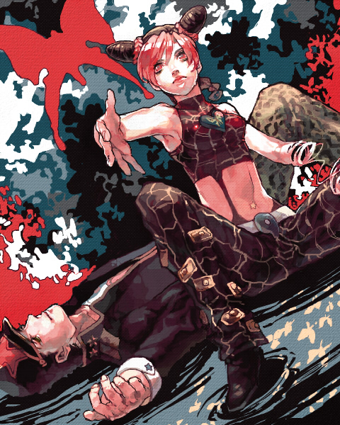 aoki (fumomo), kuujou jolyne, kuujou joutarou, jojo no kimyou na bouken, stone ocean, 1boy, 1girl, age difference, belt, bug, butterfly, double bun, father and daughter, heart, lying, midriff, multicolored hair, on back, ripples, sitting, star (symbol), suspenders, two-tone hair, white belt