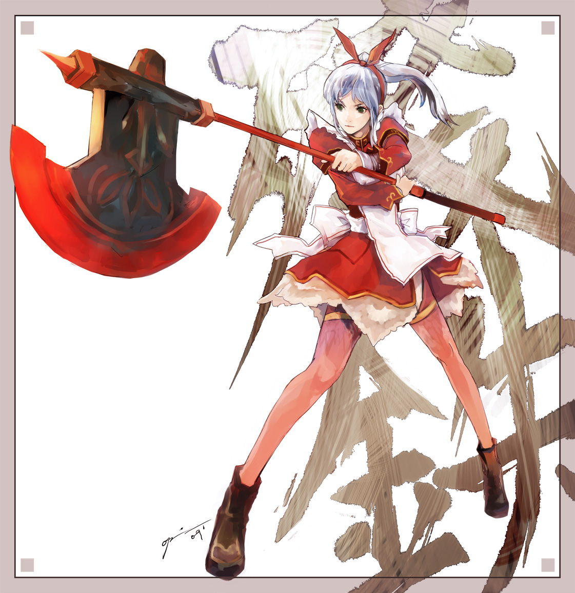 opiu, fantasy earth zero, 1girl, axe, black eyes, blue hair, female focus, hair ribbon, legs, polearm, ponytail, ribbon, skirt, solo, weapon, white background