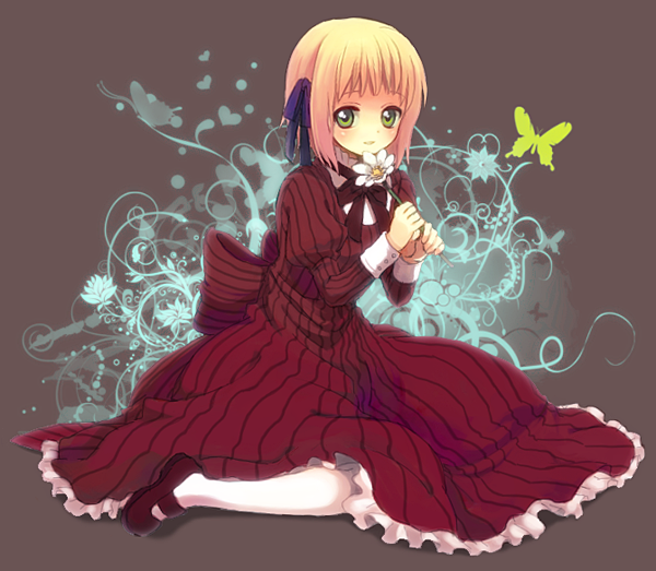 yonko, liechtenstein (hetalia), axis powers hetalia, bad id, bad pixiv id, 00s, 1girl, blonde hair, dress, female focus, flower, full body, green eyes, hair ribbon, pantyhose, ribbon, short hair, solo