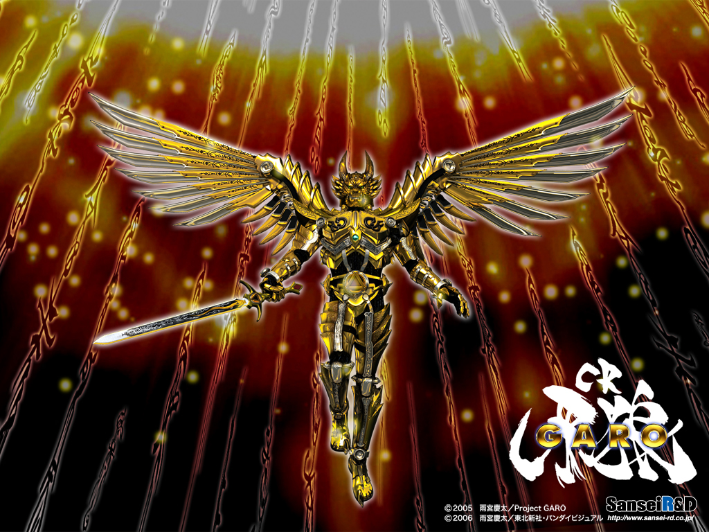 garo, garo (series), 10s, armor, gold armor, runes, sword, weapon, wings