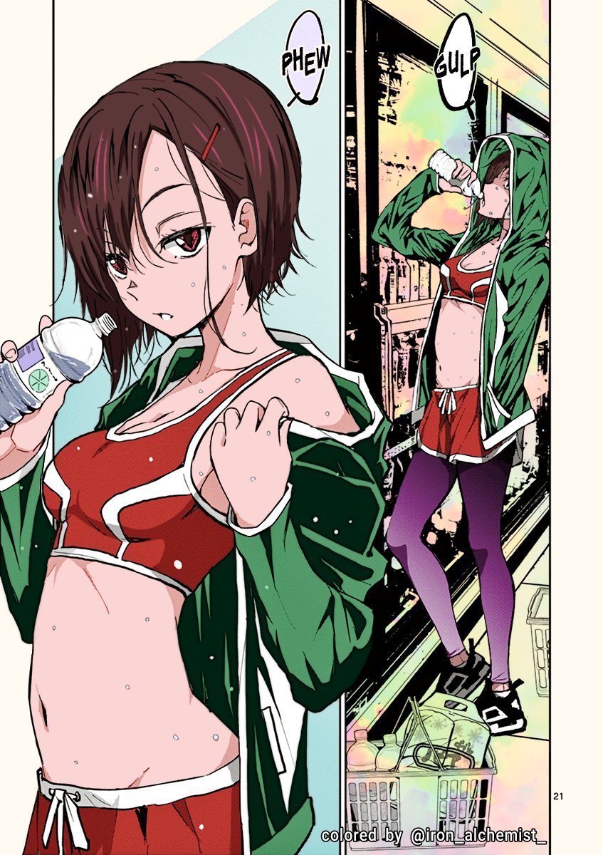 iron alchemist, mikazuki shizuka, takata koutarou, zom 100: zombie ni naru made ni shitai 100 no koto, colorized, commentary, derivative work, english commentary, highres, third-party edit, 1girl, asymmetrical bangs, bottle, breasts, comic panel redraw, cowboy shot, drinking, english text, full body, hair ornament, hairclip, looking at viewer, multiple views, outdoors, parted bangs, shoes, short hair, small breasts, solo, speech bubble, sportswear, standing, stomach, sweat, water bottle