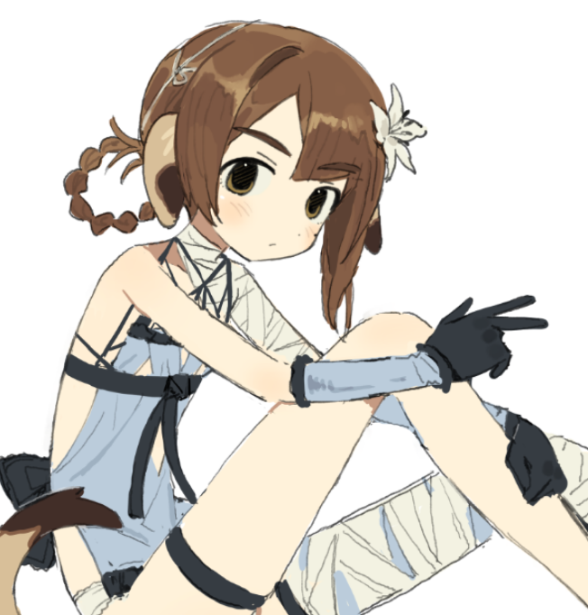 mota (motaberrie), kaine (nier), motaberrie (vtuber), indie virtual youtuber, 1girl, alternate hairstyle, animal ears, backless outfit, bandaged arm, bandaged leg, bandages, black gloves, blue negligee, brown eyes, brown hair, cosplay, dog ears, dog girl, dog tail, flower, gloves, hair flower, hair ornament, kaine (nier) (cosplay), lingerie, negligee, single bare shoulder, solo, tail, thigh strap, underwear