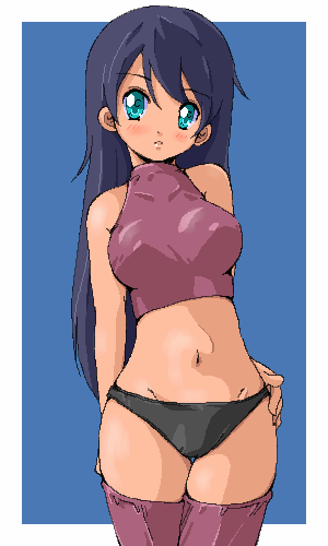 shino (pharmacy), original, lowres, 1girl, aqua eyes, black panties, blue eyes, blue hair, blush, breasts, female focus, groin, halterneck, hand on own hip, long hair, matching hair/eyes, midriff, navel, panties, parted lips, solo, standing, thighhighs, underwear, zettai ryouiki
