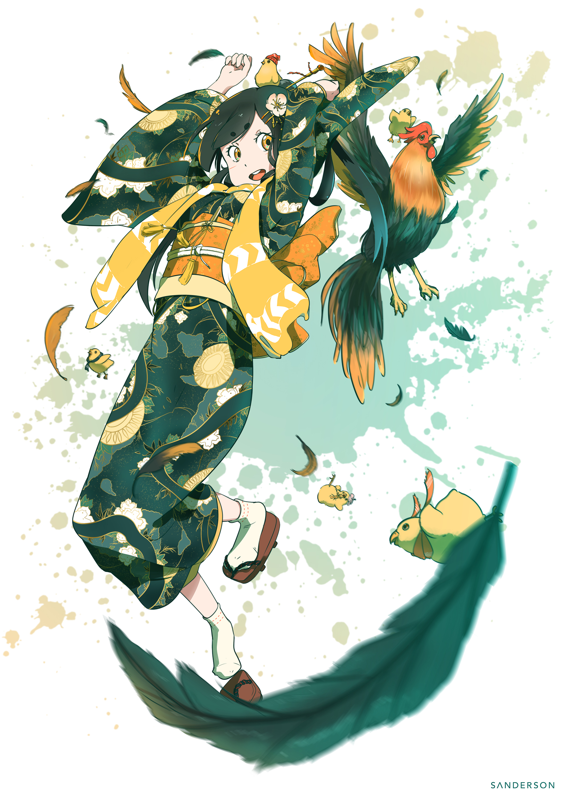 sanderson, original, absurdres, clip studio paint (medium), commentary, highres, 1girl, 2017, animal, animal on head, arms up, artist name, artistic error, baby animal, bird, bird on head, black hair, blurry, blurry foreground, chick, chicken, chinese hairpin, chinese zodiac, curled fingers, falling feathers, feathers, floral print, floral print kimono, flower hairpin, geta, japanese clothes, jumping, kimono, looking at another, motion blur, obi, obijime, on head, open mouth, paint splatter, print kimono, rooster, sash, scarf, socks, splatter background, teeth, upper teeth only, white socks, year of the rooster, yellow eyes, yellow scarf