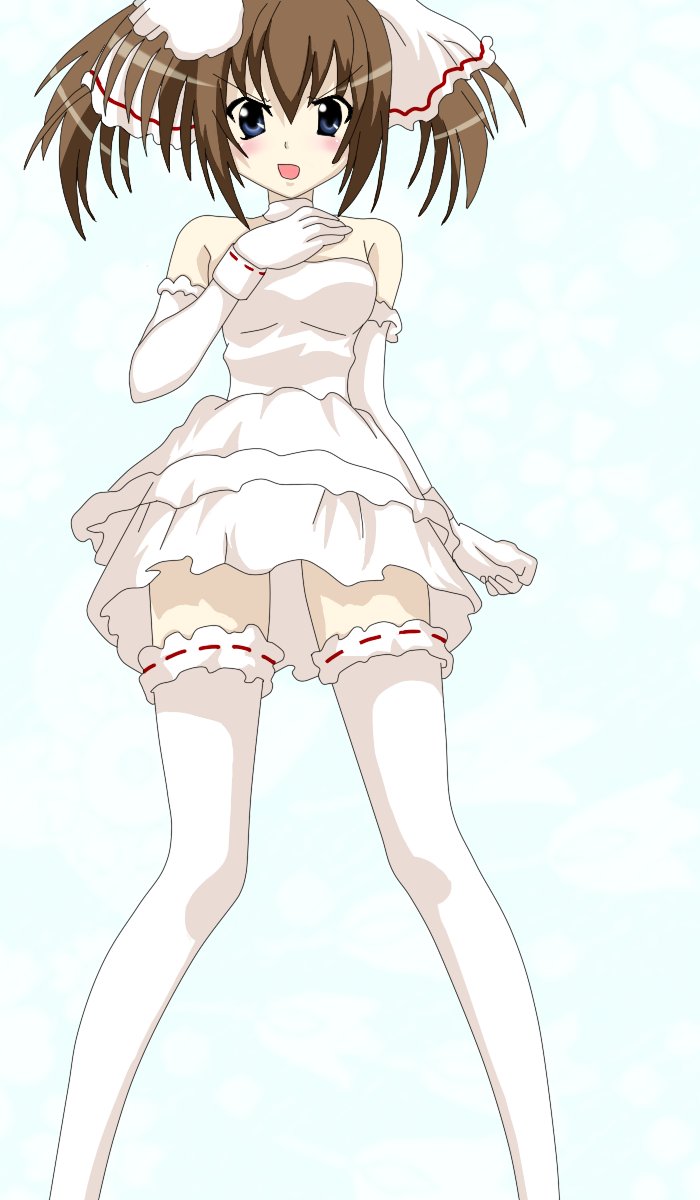 lyrical wing, shiina minatsu, seitokai no ichizon, highres, 00s, 1girl, blush, dress, elbow gloves, female focus, frilled thighhighs, frills, gloves, solo, thighhighs, wedding dress, white thighhighs, zettai ryouiki