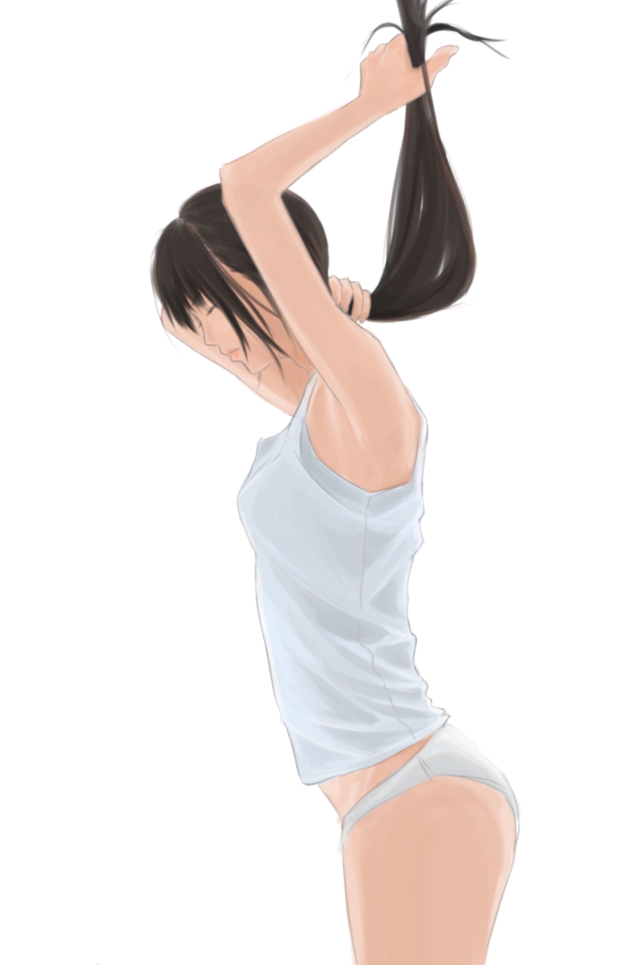 mido (uho), original, highres, adjusting hair, armpits, bunching hair, hair up, no pants, panties, solo, underwear