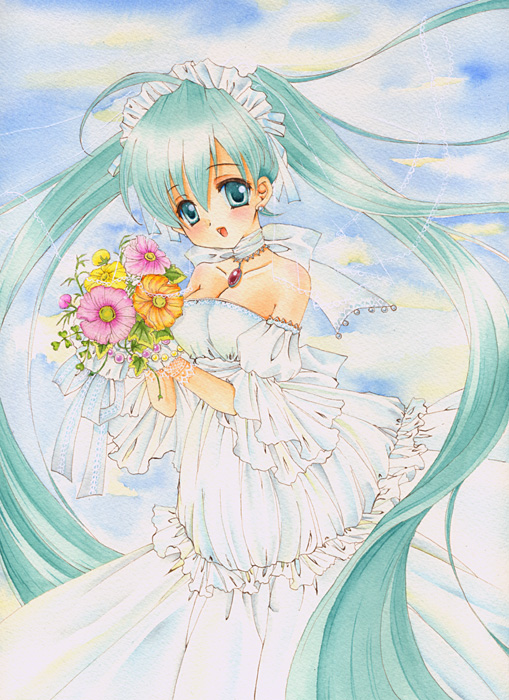 chinako, hatsune miku, vocaloid, bad id, bad pixiv id, nib pen (medium), painting (medium), pen (medium), traditional media, watercolor (medium), watercolor pencil (medium), 1girl, ahoge, aqua eyes, aqua hair, bouquet, bride, choker, detached sleeves, dress, female focus, flower, hairband, long hair, outdoors, sky, solo, twintails, very long hair, wedding dress