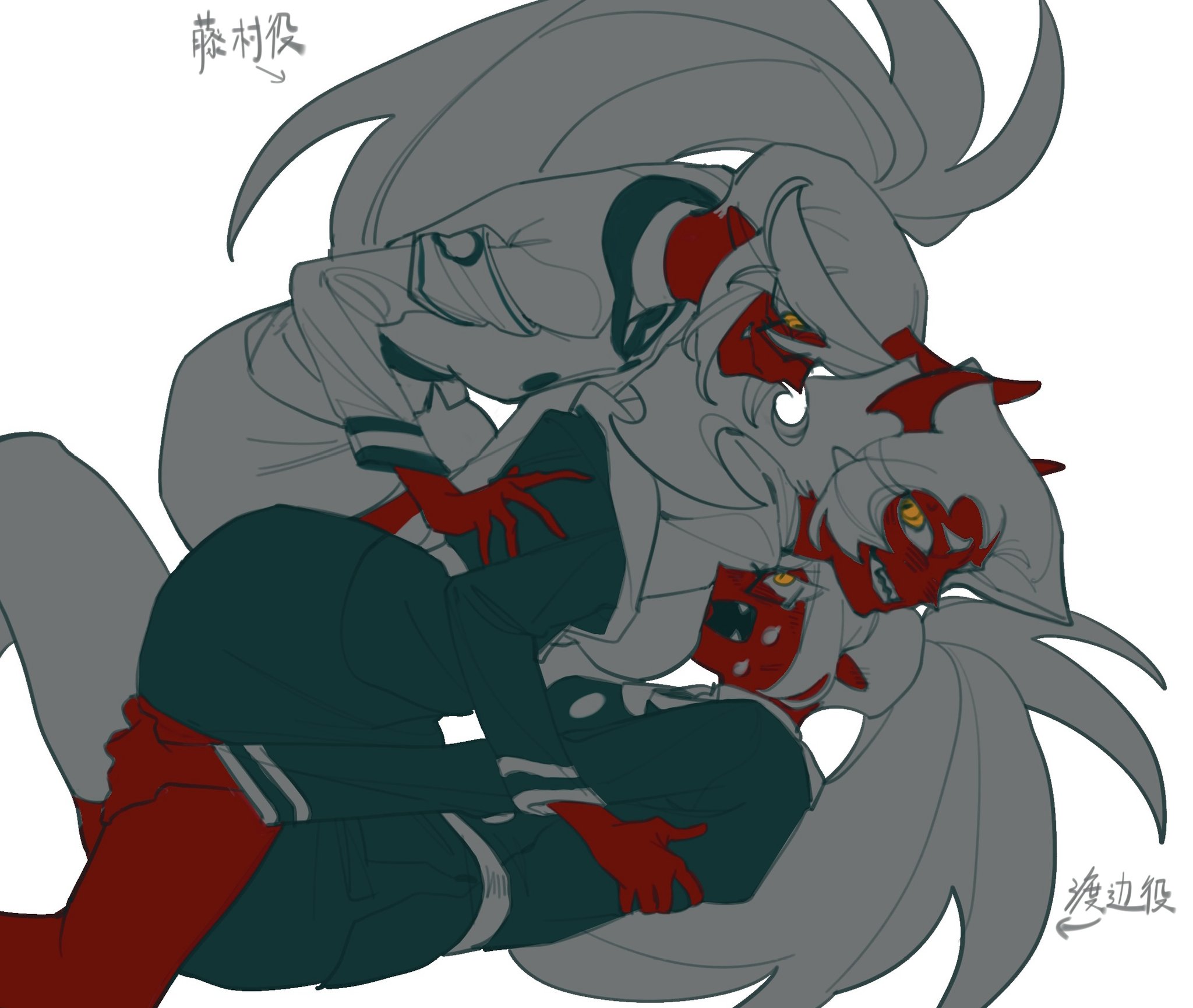 guru.zong, kneesocks (psg), scanty (psg), panty & stocking with garterbelt, commentary request, highres, 2girls, blue hair, breasts, colored skin, demon girl, demon horns, green hair, horns, large breasts, long hair, looking at another, medium breasts, multiple girls, red skin, school uniform, yuri