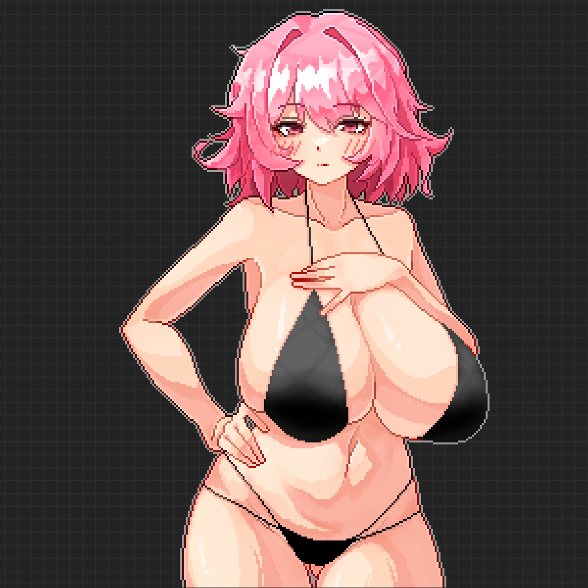 eaglov, saigyouji yuyuko, touhou, commentary, english commentary, highres, 1girl, bare shoulders, bikini, black background, black bikini, blush, breasts, cleavage, closed mouth, hand on own hip, hat, huge breasts, looking at viewer, mob cap, multiple views, navel, pink eyes, pink hair, pixel art, short hair, swimsuit