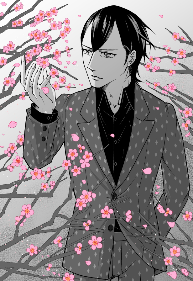watabashi yf, hikawa (megami tensei), shin megami tensei, shin megami tensei iii: nocturne, 1boy, branch, buttons, cherry blossoms, collared shirt, cuff links, diamond (shape), floating hair, flower, formal clothes, grey background, jacket, looking at flowers, male focus, partially colored, pink flower, pink petals, shirt, short hair, solo, suit, suit jacket, wind