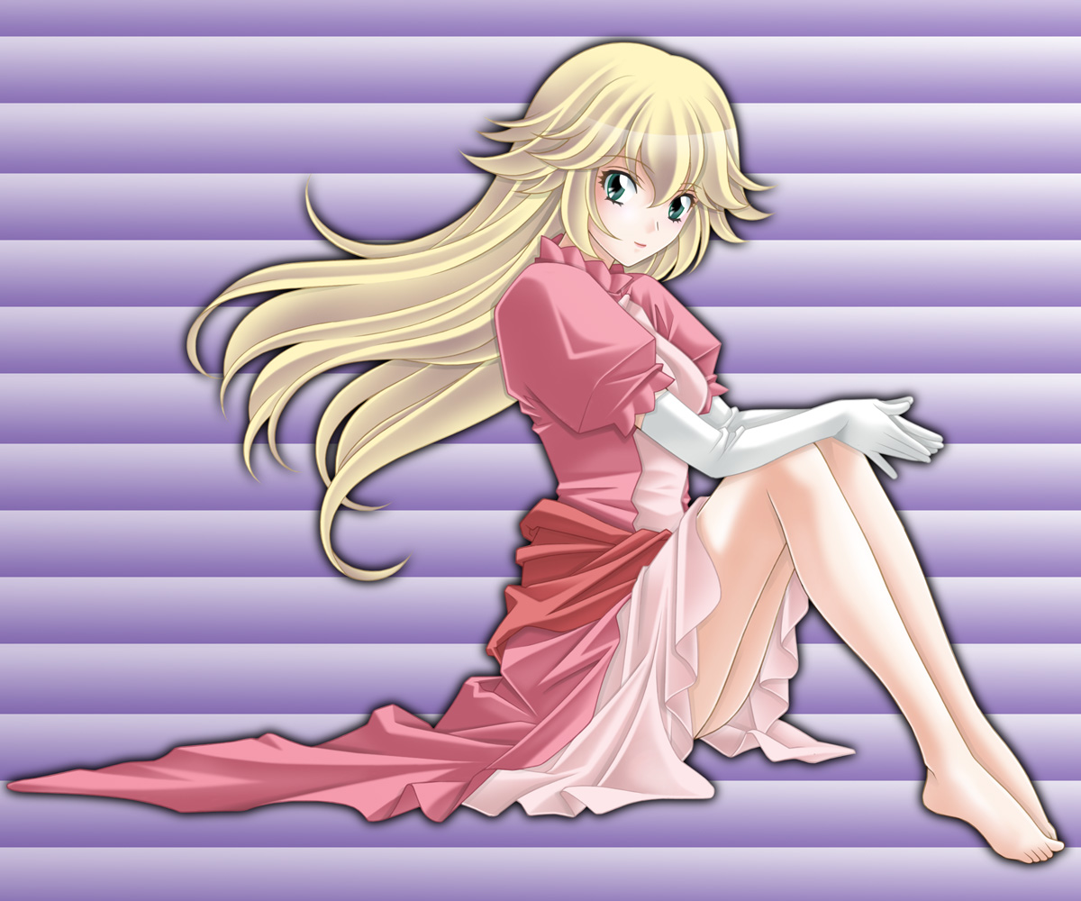 tamamon, princess peach, mario (series), nintendo, 1girl, barefoot, blonde hair, breasts, dress, elbow gloves, feet, female focus, gloves, green eyes, long hair, no socks, pink dress, sitting, small breasts, solo
