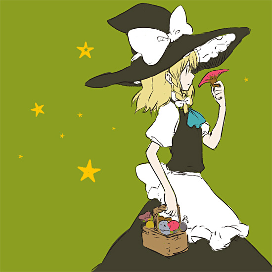 kintaro, kirisame marisa, touhou, 1girl, basket, blonde hair, female focus, flat color, hat, mushroom, profile, solo, star (symbol), witch, witch hat