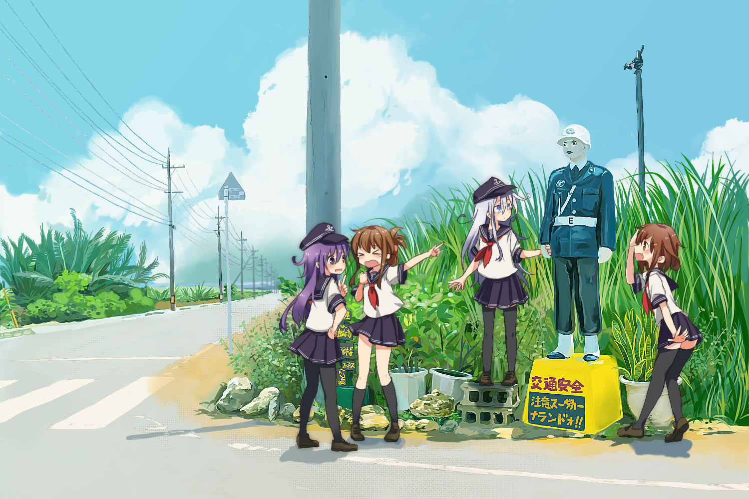 motohara moka, akatsuki (kancolle), hibiki (kancolle), ikazuchi (kancolle), inazuma (kancolle), kantai collection, commentary request, > <, 4girls, anchor symbol, black hat, black pantyhose, black sailor collar, black skirt, black socks, black thighhighs, blue eyes, blue hair, blue sky, blush, brown hair, brown shoes, cinder block, cloud, crosswalk, day, flat cap, folded ponytail, grass, hair between eyes, hair ornament, hairpin, hat, kneehighs, loafers, long hair, long sidelocks, medium hair, multiple girls, neckerchief, open mouth, outdoors, pantyhose, plant, pleated skirt, pointing, purple eyes, purple hair, red neckerchief, road, sailor collar, shadow, shirt, shoes, short sleeves, sidelocks, skirt, sky, socks, statue, tearing up, thighhighs, utility pole, white shirt