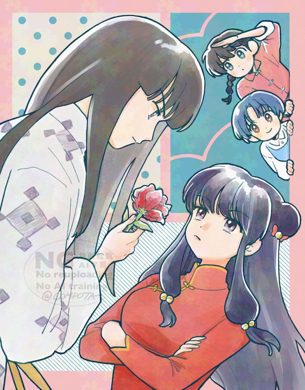 con sonne, mousse (ranma 1/2), saotome ranma, shampoo (ranma 1/2), tendou akane, ranma 1/2, commentary request, highres, 2boys, 2girls, black hair, blue eyes, blue hair, braid, brown eyes, chinese clothes, closed mouth, crossed arms, flower, frown, grey eyes, hetero, holding, holding flower, long hair, multiple boys, multiple girls, official alternate hair color, pale skin, red shirt, school uniform, shirt, short hair, single braid, smile, straight hair, v-shaped eyebrows, watermark