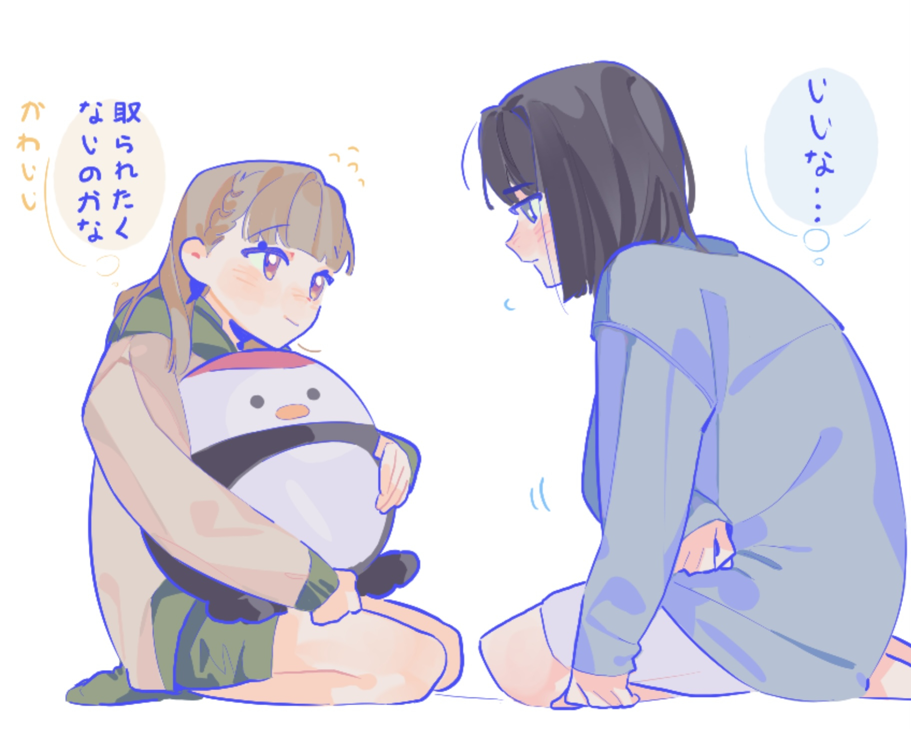 pipi (m1x mix), kachimachi kosuzu, kachimachi kosuzu (summer loungewear), momose ginko, momose ginko (summer loungewear), link! like! love live!, love live!, commentary, highres, translation request, 2girls, black hair, blue cardigan, blush, bob cut, braid, brown hair, cardigan, center-flap bangs, closed mouth, colored speech bubble, dress, full body, green eyes, green shorts, green socks, hood, hoodie, long sleeves, looking at another, multiple girls, pink eyes, seiza, short hair, shorts, side braids, simple background, sitting, sleeves past wrists, socks, speech bubble, thought bubble, tsuru (love live!), virtual youtuber, white background, white dress, yellow hoodie