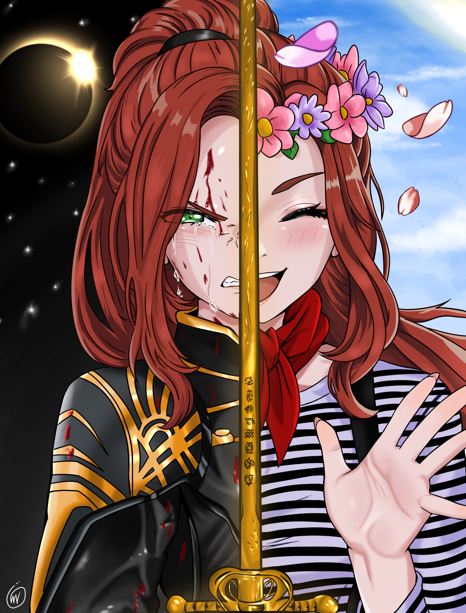 waifuviolenta, maelle (clair obscur: expedition 33), clair obscur: expedition 33, highres, 1girl, floral dissolve, freckles, french clothes, green eyes, holding, holding sword, holding weapon, looking at viewer, open mouth, rapier, red hair, red petals, scar, scar on face, scar on nose, smile, split screen, split theme, sword, sword in front of face, weapon, white petals
