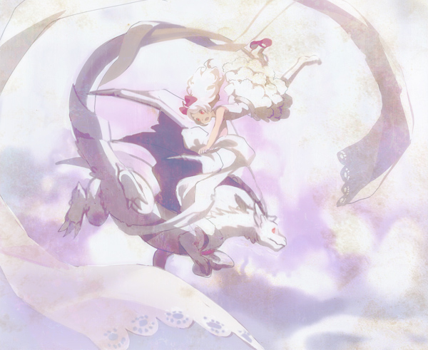 kirobaito, 1girl, cloud, dark-skinned female, dark skin, dragon, dress, female focus, long hair, outdoors, red eyes, ribbon, sky, solo, white hair