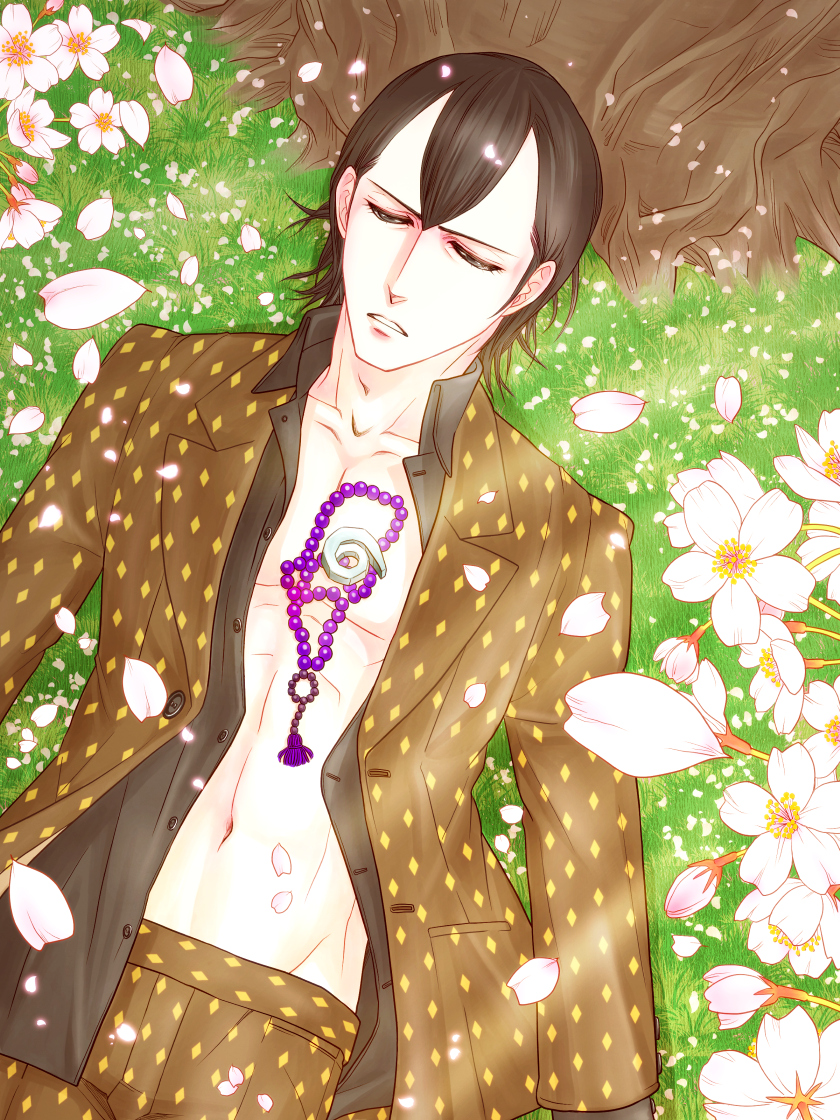 watabashi yf, hikawa (megami tensei), shin megami tensei, shin megami tensei iii: nocturne, 1boy, abs, bead necklace, beads, black hair, black shirt, brown suit, buttons, collared shirt, diamond (shape), flower, formal clothes, grass, half-closed eyes, jacket, jewelry, lying, magatama, male focus, navel, necklace, object on pectorals, on back, on grass, pectorals, petals, plant roots, shirt, short hair, solo, suit, suit jacket, unbuttoned, unbuttoned jacket, unbuttoned shirt