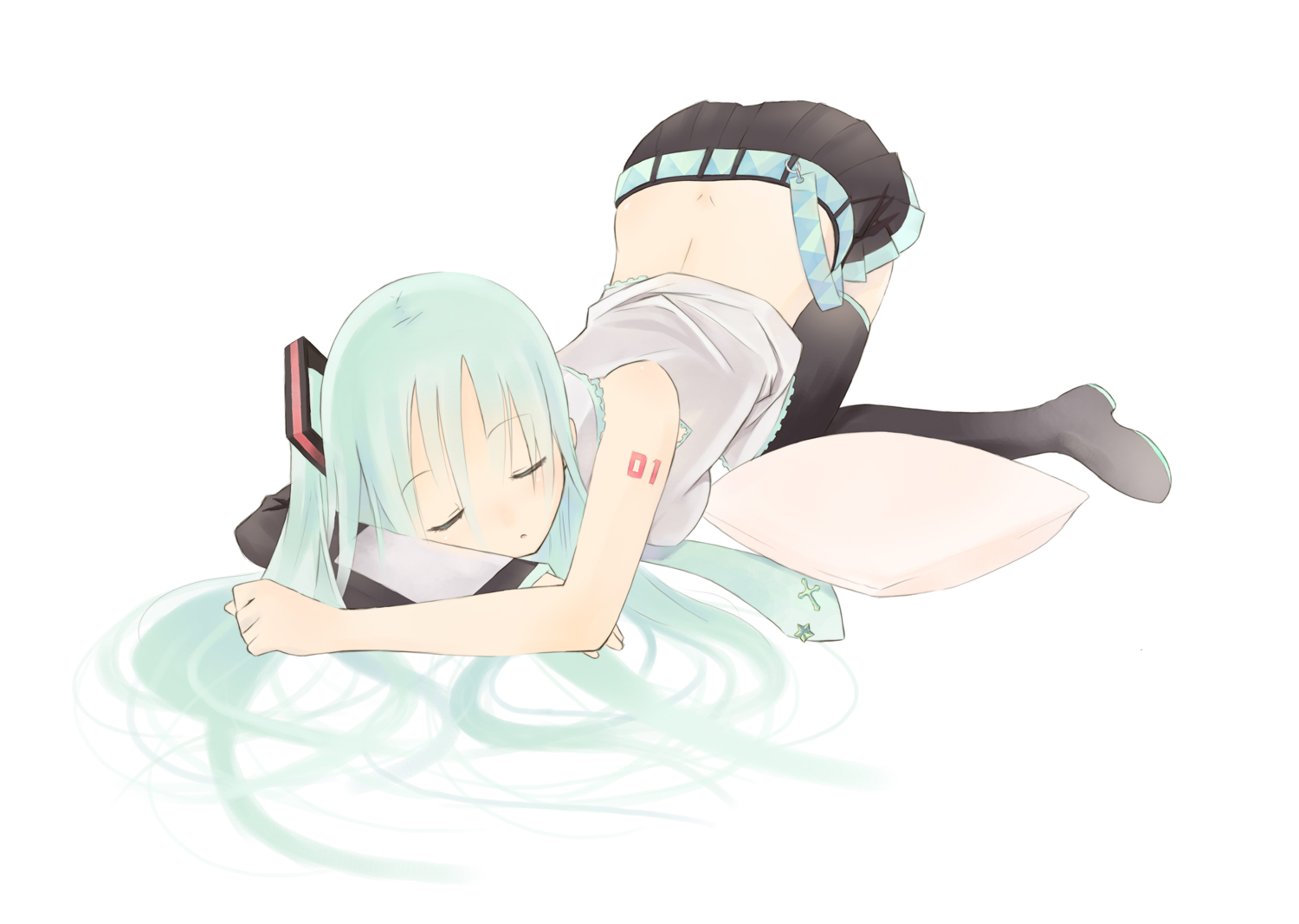 mk (masatusaboten), hatsune miku, vocaloid, bad id, bad pixiv id, 1girl, aqua hair, closed eyes, female focus, full body, necktie, sleeping, solo, top-down bottom-up, white background