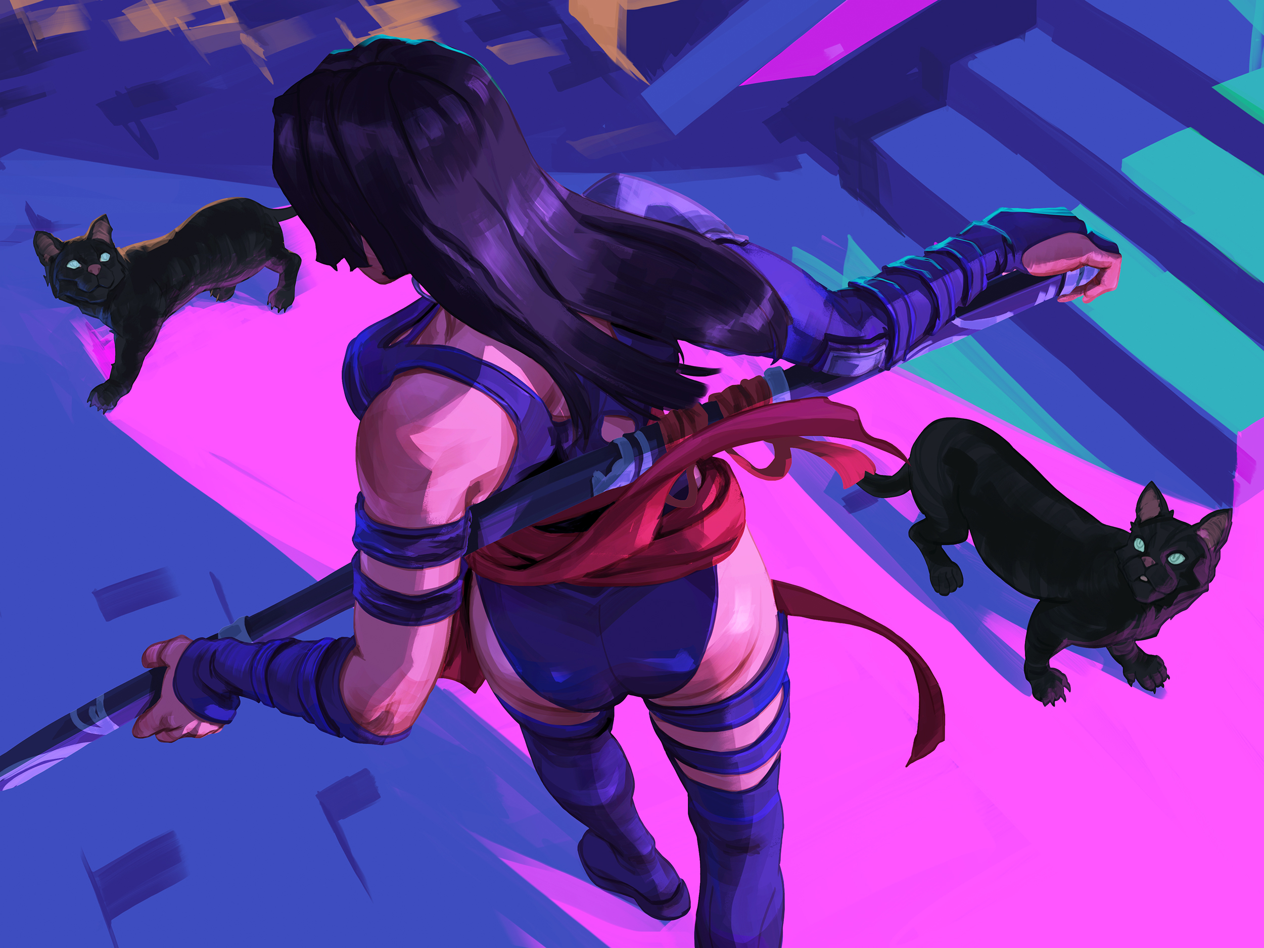 elaim, psylocke, psylocke (vengeance), marvel, marvel rivals, x-men, highres, 1girl, ass, black hair, breasts, earrings, halter leotard, halterneck, highleg, highleg leotard, holding, holding sword, holding weapon, hoop earrings, jewelry, leotard, long hair, purple leotard, red sash, sash, solo, superhero costume, sword, waist sash, weapon