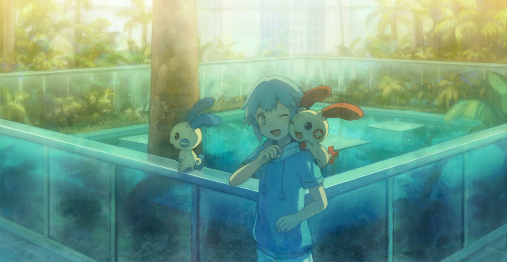 kirobaito, minun, plusle, tooi (pokemon), tooi rondot, tory lund, nintendo, pokemon, pokemon: destiny deoxys, pokemon (anime), pokemon rse (anime), 1boy, ;d, androgynous, blue eyes, blue hair, child, gen 3 pokemon, hood, hoodie, male focus, matching hair/eyes, one eye closed, open mouth, pokemon (creature), short hair, smile, water