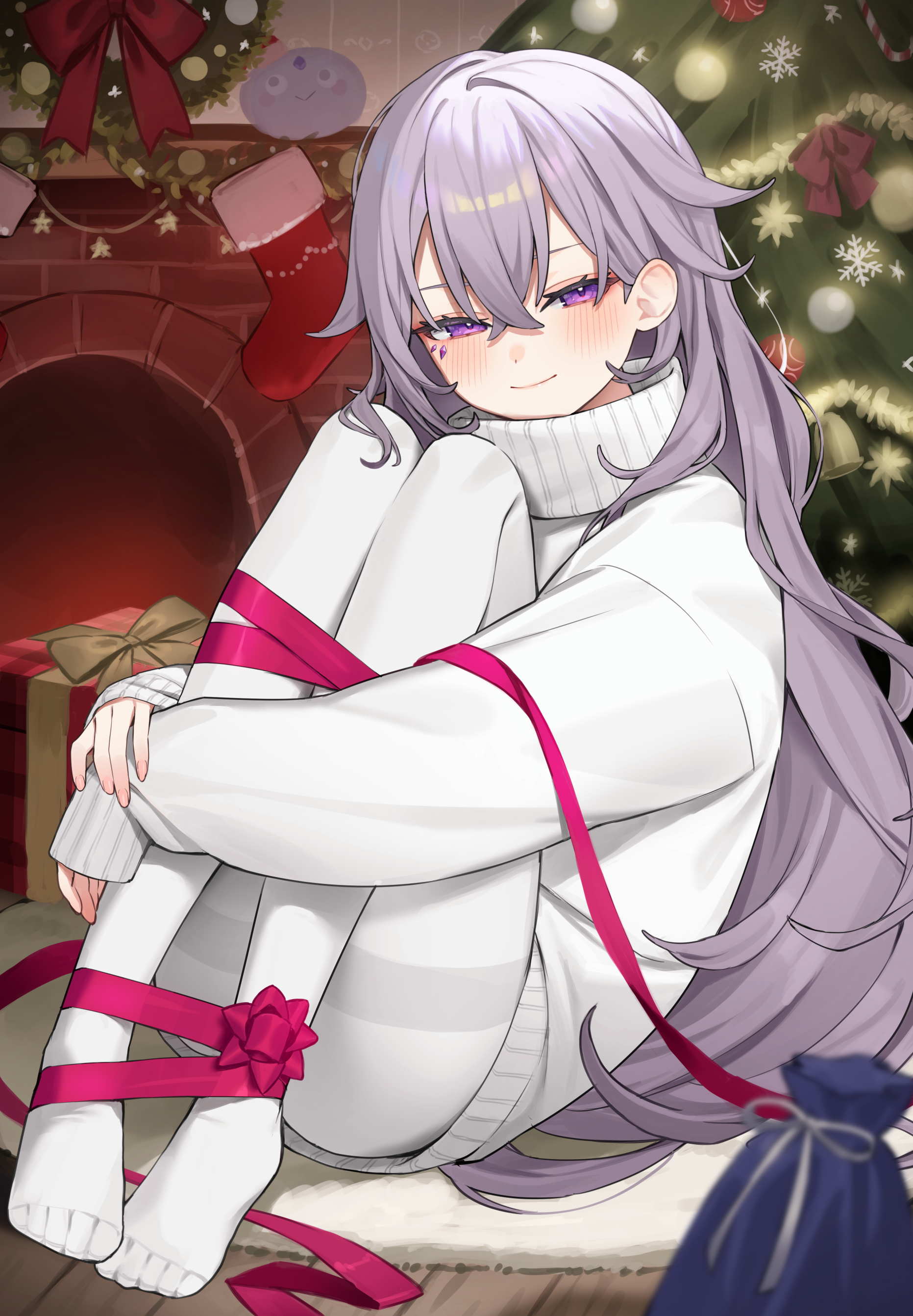 aotake iro, koseki bijou, hololive, hololive english, absurdres, commentary, highres, symbol-only commentary, 1girl, bound, bound legs, christmas tree, closed mouth, double-parted bangs, fireplace, gem, grey hair, hair flaps, indoors, jewel under eye, knees up, long hair, looking at viewer, no pants, no shoes, pantyhose, purple eyes, purple gem, ribbon, sitting, sleeves past wrists, smile, solo, sweater, thighband pantyhose, turtleneck, turtleneck sweater, very long hair, virtual youtuber, white pantyhose, white sweater