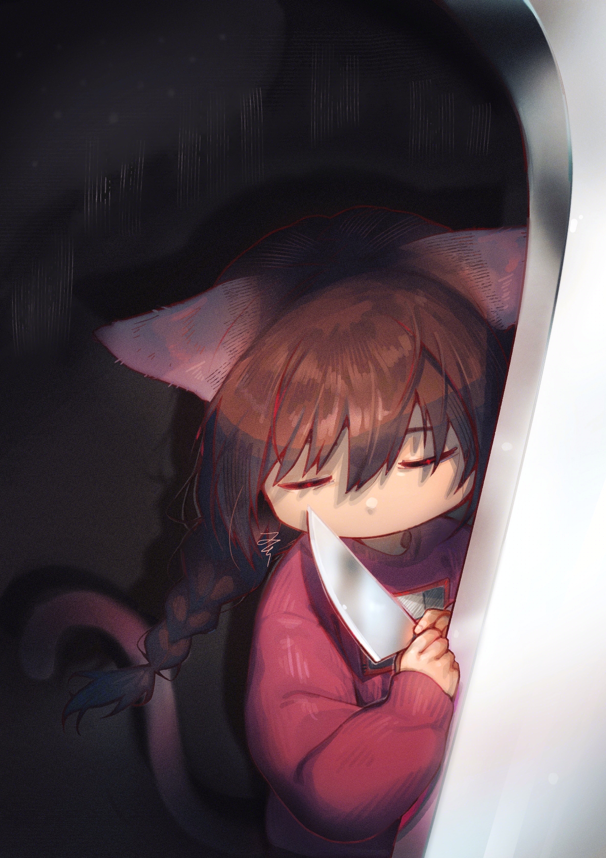 paxio44, madotsuki, yume nikki, highres, 1girl, animal ears, braid, brown hair, cat ears, cat girl, closed eyes, holding, holding knife, kitchen knife, knife, long hair, long sleeves, pink shirt, pink sweater, print sweater, shadow, shirt, solo, sweater, twin braids, twintails