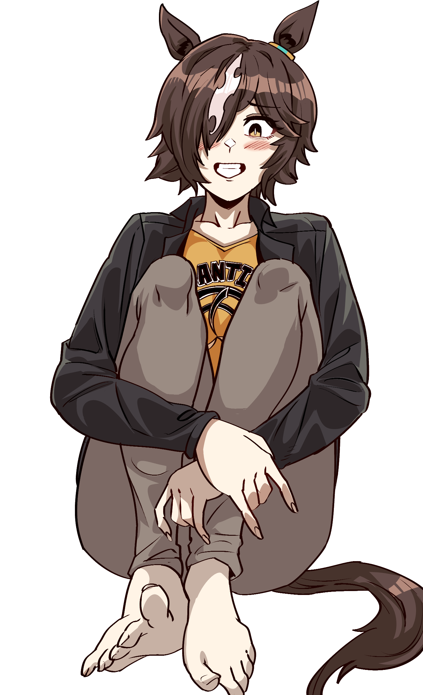 dinoyhs, vodka (casual) (umamusume), vodka (umamusume), umamusume, highres, 1girl, animal ears, barefoot, black jacket, brown hair, brown pants, casual, full body, grin, hair over one eye, horse ears, horse girl, horse tail, jacket, leather, leather jacket, long sleeves, pants, shirt, simple background, smile, soles, solo, tail, teeth, toes, white background, yellow eyes, yellow shirt