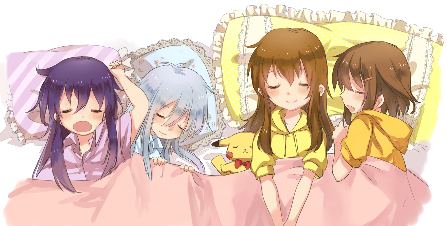 motohara moka, akatsuki (kancolle), hibiki (kancolle), ikazuchi (kancolle), inazuma (kancolle), pikachu, kantai collection, nintendo, pokemon, commentary request, 4girls, blanket, blue hair, blue shirt, blush, brown hair, closed eyes, closed mouth, collared shirt, double-parted bangs, dress, fang, frilled pillow, frills, gen 1 pokemon, hair between eyes, hood, hoodie, long hair, long sidelocks, medium hair, multiple girls, open mouth, pillow, pink shirt, purple hair, shirt, short sleeves, sidelocks, simple background, sleeping, smile, upper body, white background, yellow hoodie