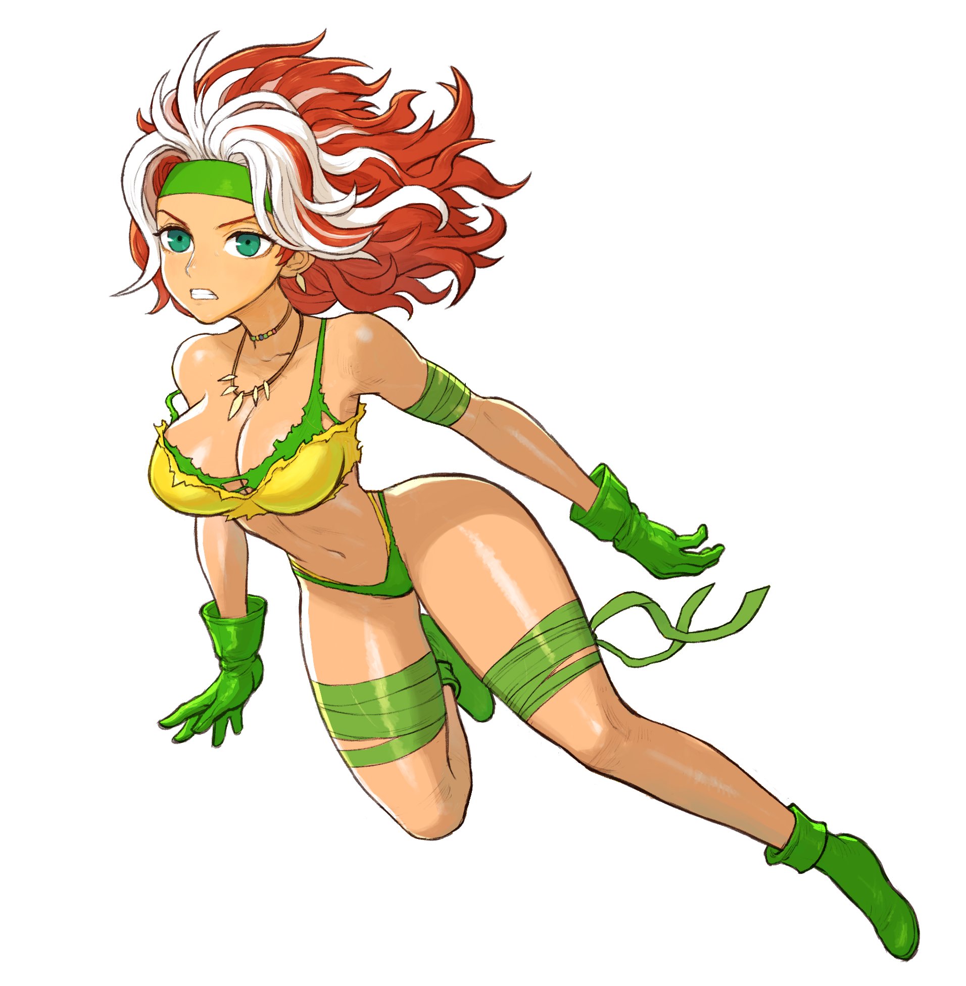 dattosan, rogue (x-men), marvel, marvel rivals, x-men, highres, 1girl, bodysuit, breasts, brown hair, colored bangs, gloves, green eyes, headband, large breasts, long hair, looking at viewer, multicolored bodysuit, multicolored hair, solo, superhero costume, thong, two-tone hair, white hair