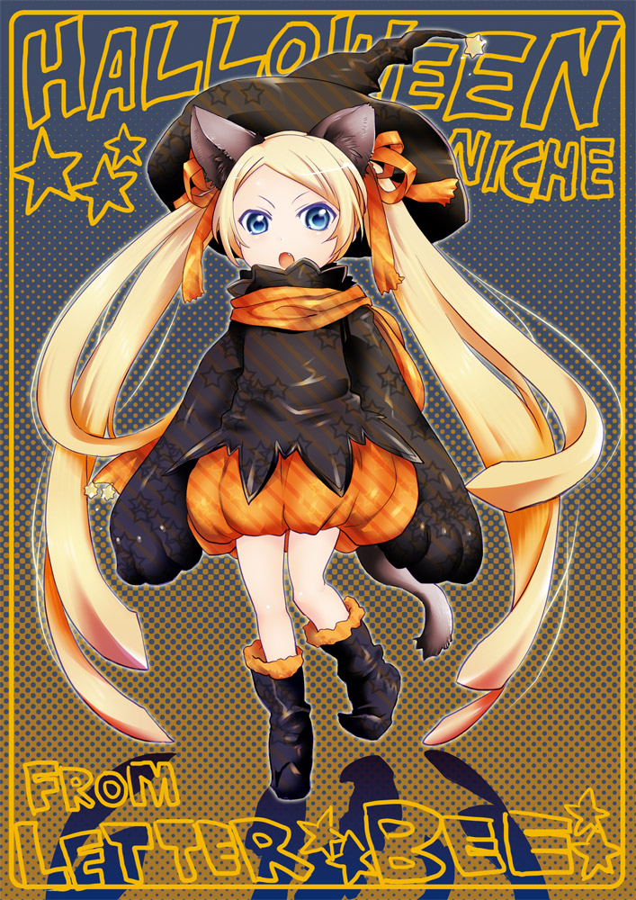 rakuto mangan, niche (tegami bachi), tegami bachi, bad id, bad pixiv id, 00s, 1girl, animal ears, blonde hair, blue eyes, boots, cat ears, cat tail, character name, copyright name, detached sleeves, female focus, halloween, hat, long hair, shorts, solo, tail, very long hair, witch hat